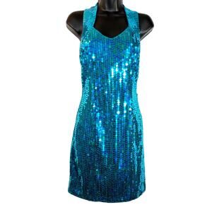 Vintage 90s Teal Sequin Mini Dress Concert Party Cocktail Sleeveless Mermaid